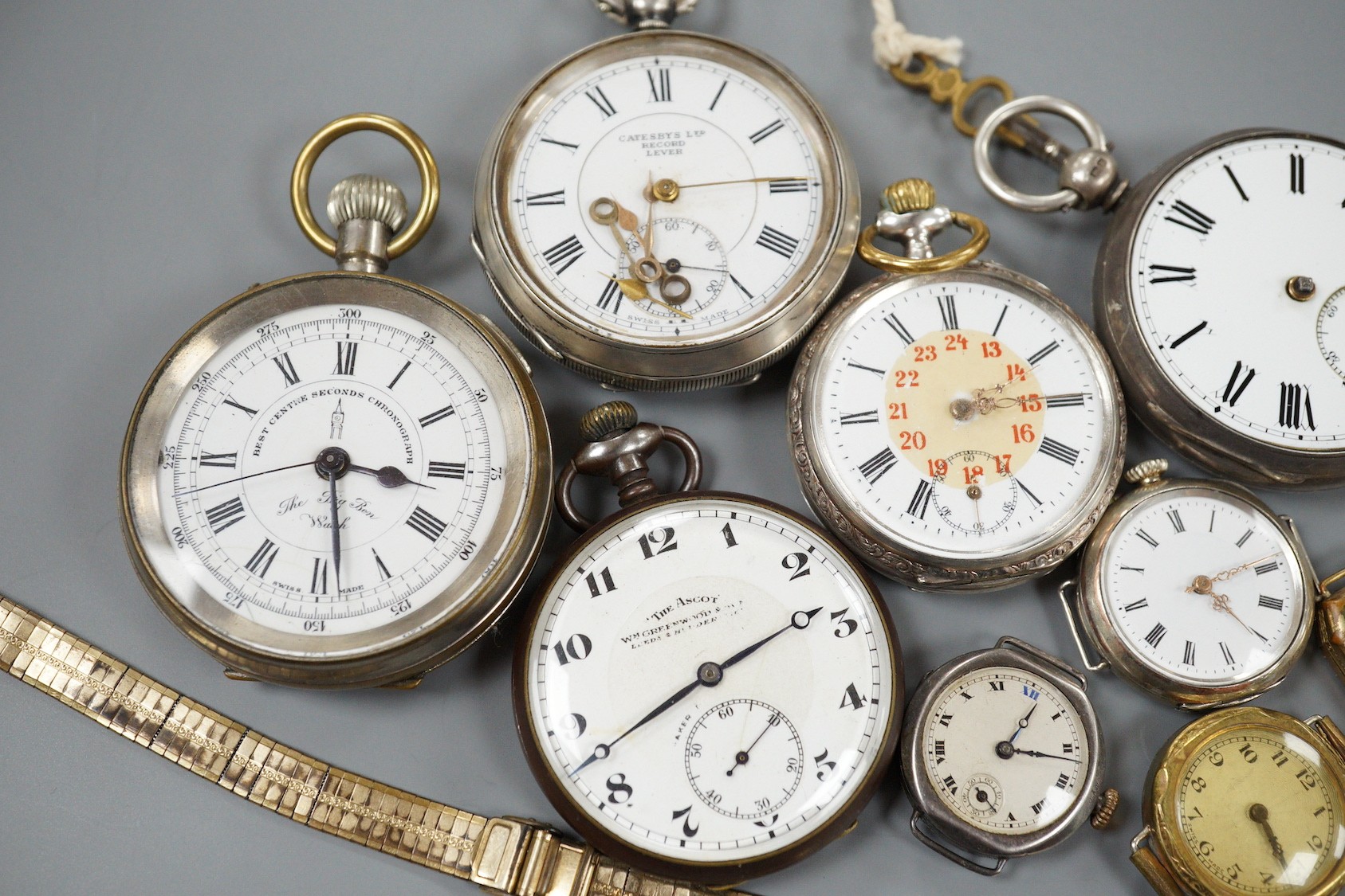Two silver open faced pocket watches including Catesbys Ltd Record Lever, a German 800 pocket watch, two other base metal pocket watches, four assorted wrist watches and a gilt metal watch bracelet.